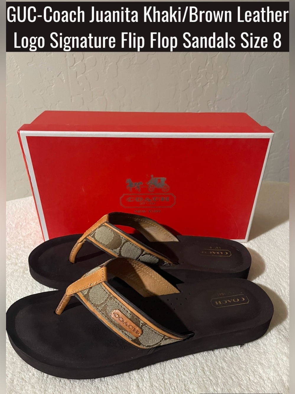 GUC-Coach Juanita Khaki/Brown Leather Logo Signature FlipFlop Sandals Size 8🤎